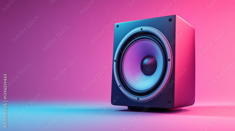 Poster a modern speaker with vibrant lighting, showcasing a sleek design and dynamic colors in a gradient b