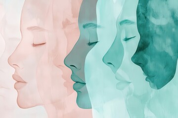 Delicate Watercolor Female Portraits Collection Blending Into Soft Brushstrokes Against Dreamy Pastel Background With Negative Space