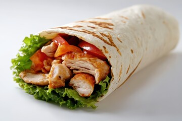 Freshly made chicken wrap with lettuce and tomatoes, showcasing vibrant colors and textures
