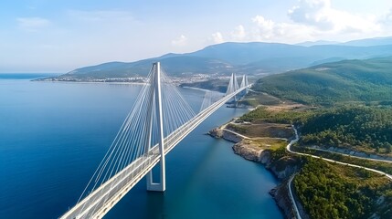 Obraz premium Long suspension bridge spans water connecting land with trees and mountains.