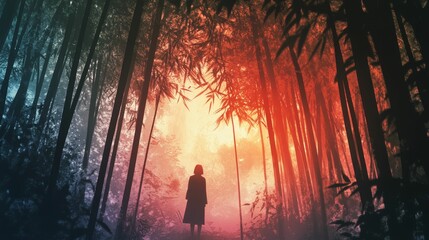 Fototapeta premium Person stands in a bamboo forest with colorful light shining through the trees.