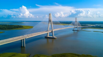Obraz premium Cable stayed bridge spans a river with green banks under a blue sky.