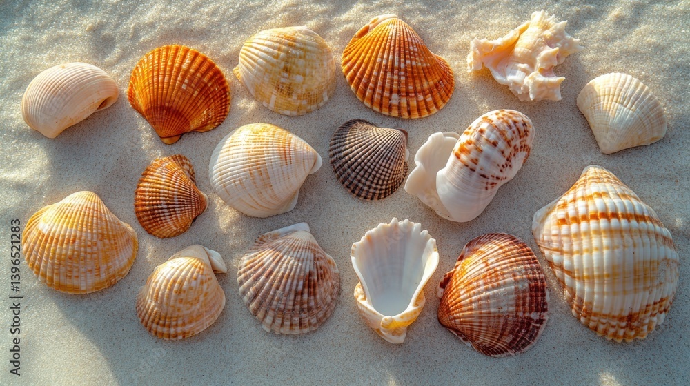 Poster a collection of colorful seashells scattered on sandy beach, showcasing various shapes and patterns 