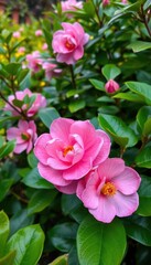 Delicate pink camellia flower amidst vibrant green foliage in a lush garden, flower, floral arrangement, japanese camellia
