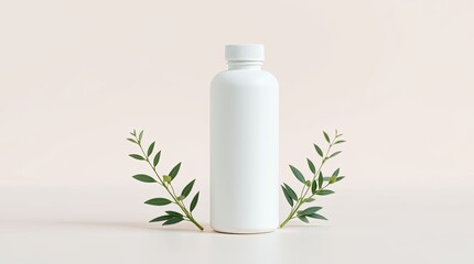 Blank white bottle with natural greenery for a minimalist product presentation.