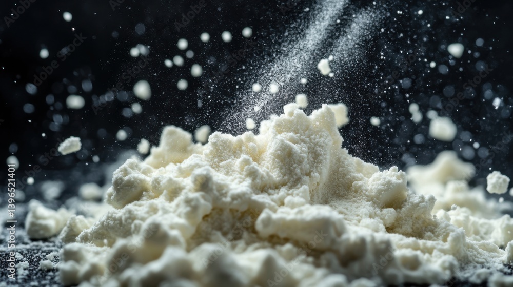 Poster a close-up of a pile of flour with particles suspended in the air, creating a dramatic and dynamic e