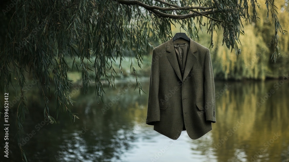 Poster a tweed jacket hangs in front of a lake with trees in the background.