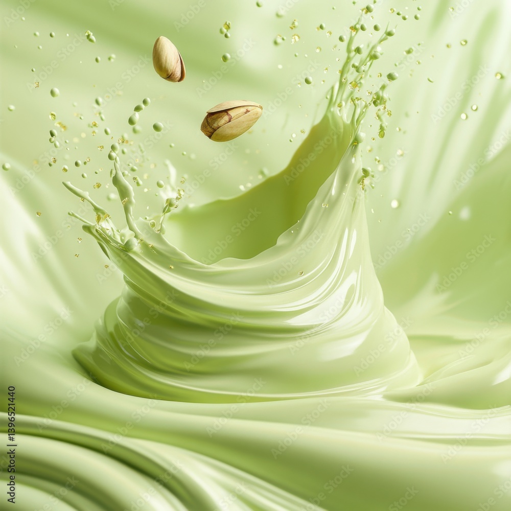 Poster a splash of creamy green liquid with scattered nuts creates a dynamic and refreshing visual effect.