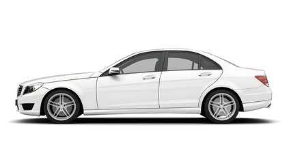 Fototapeta premium Side view of a modern white car, white background, car advertisement, premium car