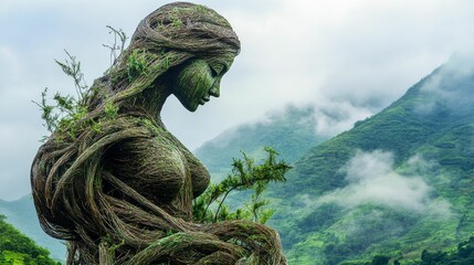 Fototapeta premium Tree nymph statue with mountain background nature art sculpture fantasy figure.
