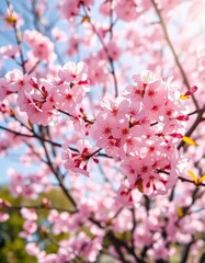 Obraz premium Delicate pink cherry blossoms gently carried by a spring breeze, bathed in sunlight, flora, blossom