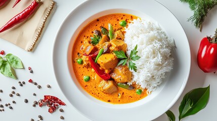 Delicious chicken curry with rice and vegetables served in a hot plate of spicy stew