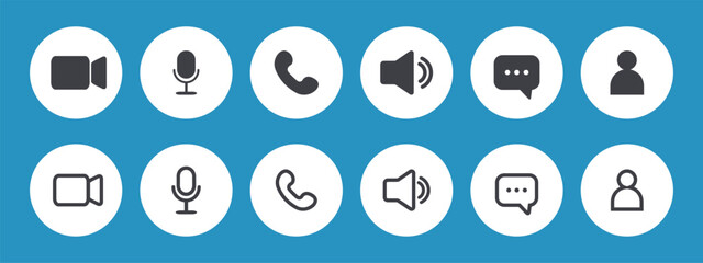 Icon Videocall. UI interface video chat. Set of buttons for online business webinar. Communication symbols. Flat Vector illustration.