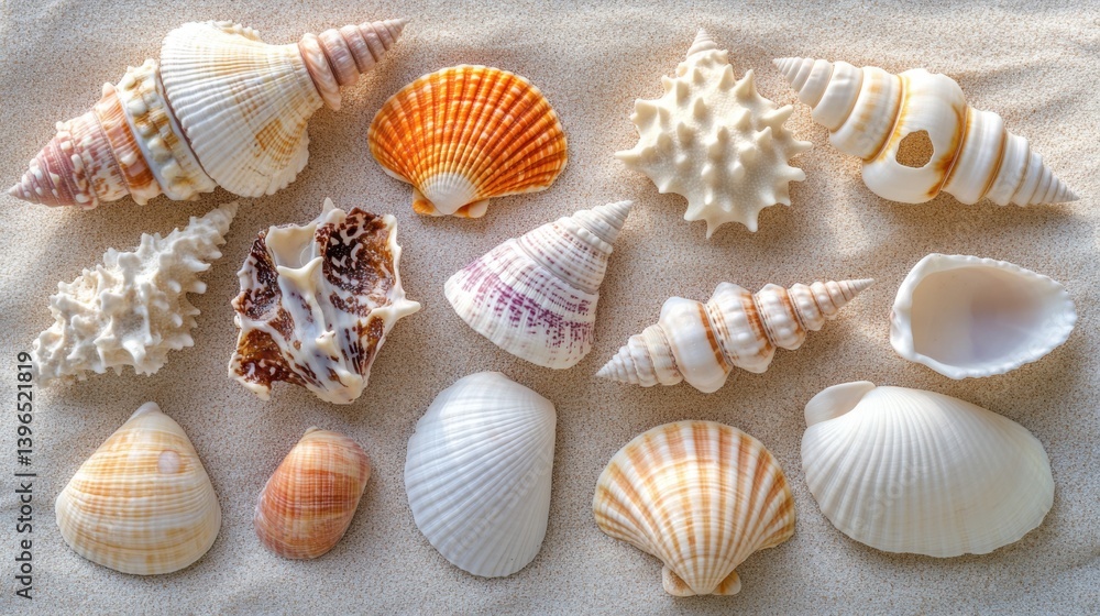 Poster a collection of various seashells displayed on sandy ground, showcasing intricate textures and patte