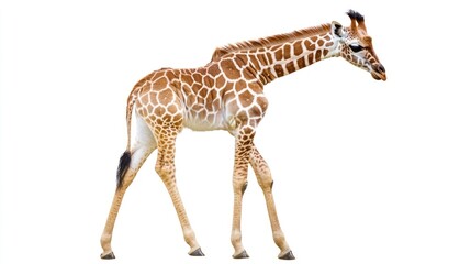Fototapeta premium Graceful giraffe calf isolated on a white backdrop, showcasing elegant pattern