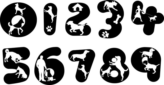 Vector numbers 1&ndash;9 with playful pet dog silhouettes. Ideal for educational materials, pet-themed designs, kids' projects, and creative decorative illustrations