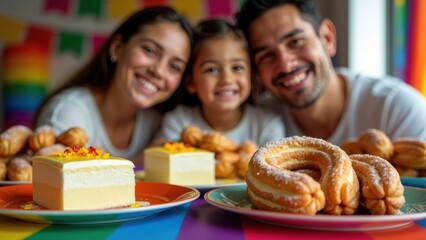 Obraz premium A joyful family gathers around a table filled with traditional Mexican treats like tres leches cake and churros, celebrating together in a vibrant atmosphere.