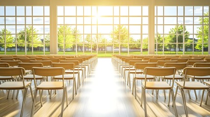 Bright and Spacious Classroom with Wooden Desks and Chairs