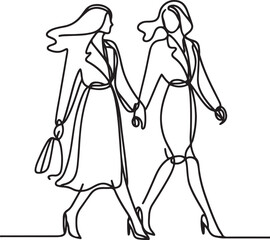 Elegant Line Drawing of Two Women Walking Together  Vector Art Design