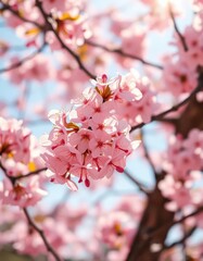 Obraz premium Delicate pink cherry blossoms gently carried by a warm spring breeze, bathed in sunlight, branch, gentle, landscape