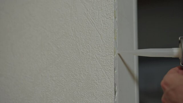Close-up of construction worker using silicone gun to apply sealant, performing precise sealing job for home renovation or construction project. Master applies glue to skirting board with glue gun