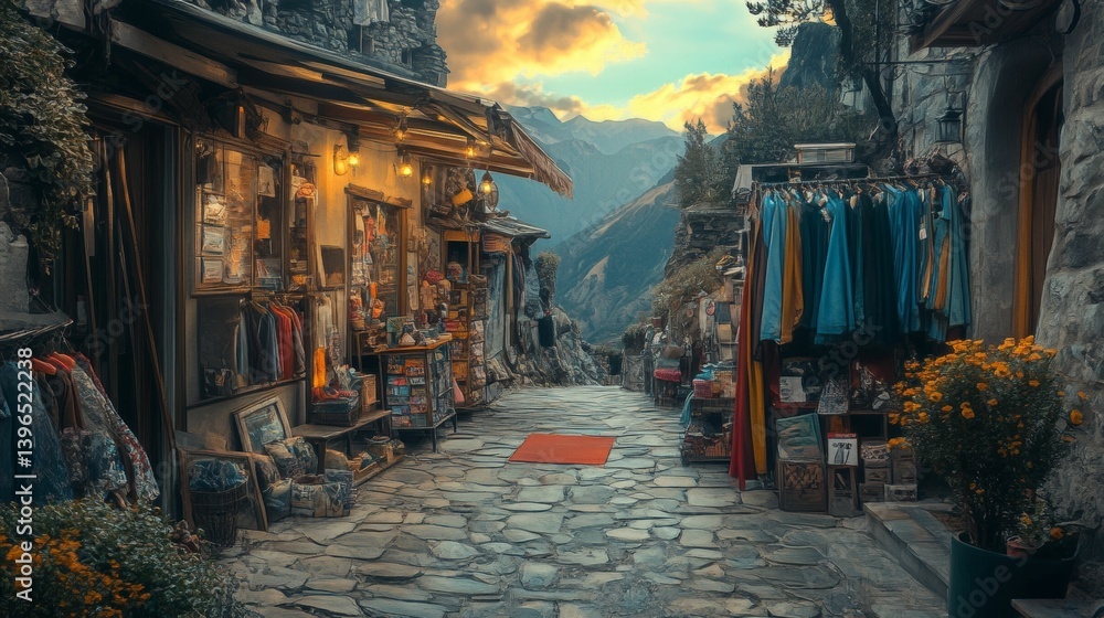 Poster cobblestone street lined with buildings in a village setting with mountains in background.