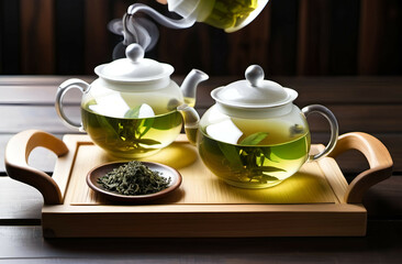 Fototapeta premium Two Steaming Cups Green Tea Teapot Wooden Tray,Two Cups of Steaming Green Tea on Wooden Tray with Teapot