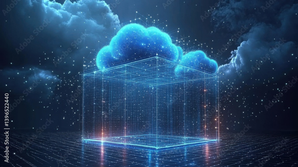Poster a futuristic digital cloud structure surrounded by glowing particles and dark clouds, symbolizing ad