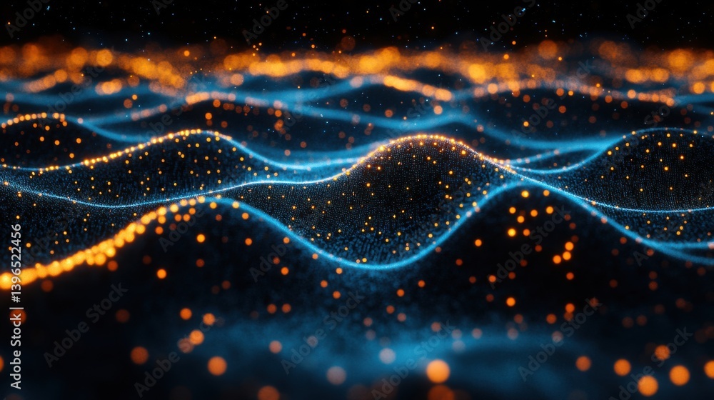 Poster an abstract image depicting flowing waves of light with vibrant blue and orange particles, creating 