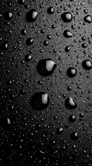 Close-up of water droplets on a black surface, symbolizing purity, clarity, and mystery. The dark background enhances the reflective beauty and calmness of each drop in a modern, minimal style.


