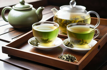 Fototapeta premium Two Steaming Cups Green Tea Teapot Wooden Tray,Two Cups of Steaming Green Tea on Wooden Tray with Teapot