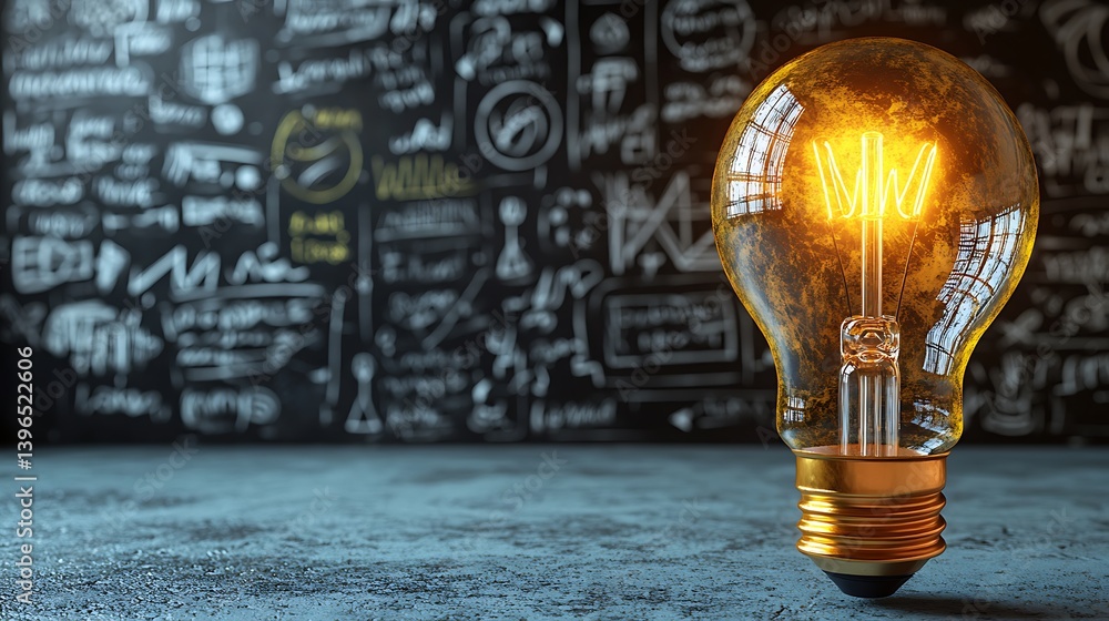Poster illuminating ideas: a luminous lightbulb glows brilliantly in the foreground, casting light upon a s