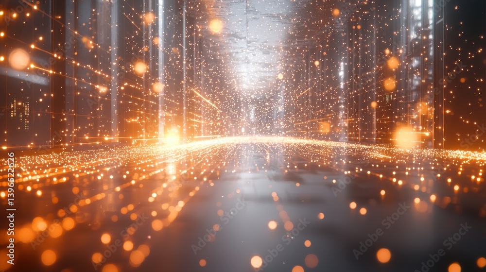 Aufkleber a futuristic corridor filled with glowing particles, creating a mesmerizing light effect, reminiscen