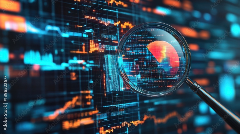 Poster a magnifying glass focuses on digital data, highlighting financial graphs and patterns against a vib