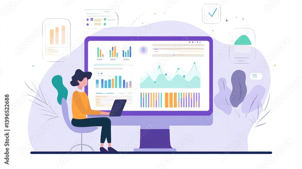 Poster illustration of a business analyst working with data and visualizations on a computer