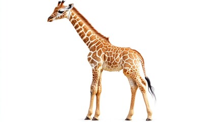 Fototapeta premium Magnificent giraffe calf isolated on white canvas, showcasing the elegance of wildlife