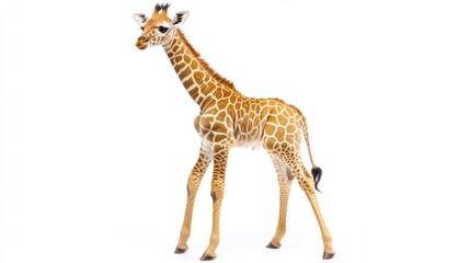 Fototapeta premium Studio portrait of a young giraffe standing alertly on a seamless white backdrop