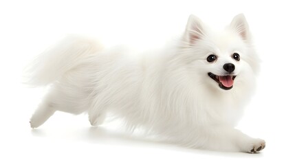 White American Eskimo Dog Running Toward the Camera Playfully