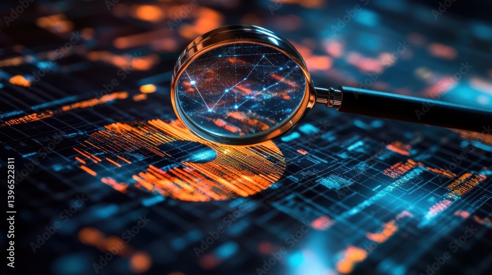 Poster a magnifying glass focuses on digital data visualizations, highlighting patterns and trends on a vib