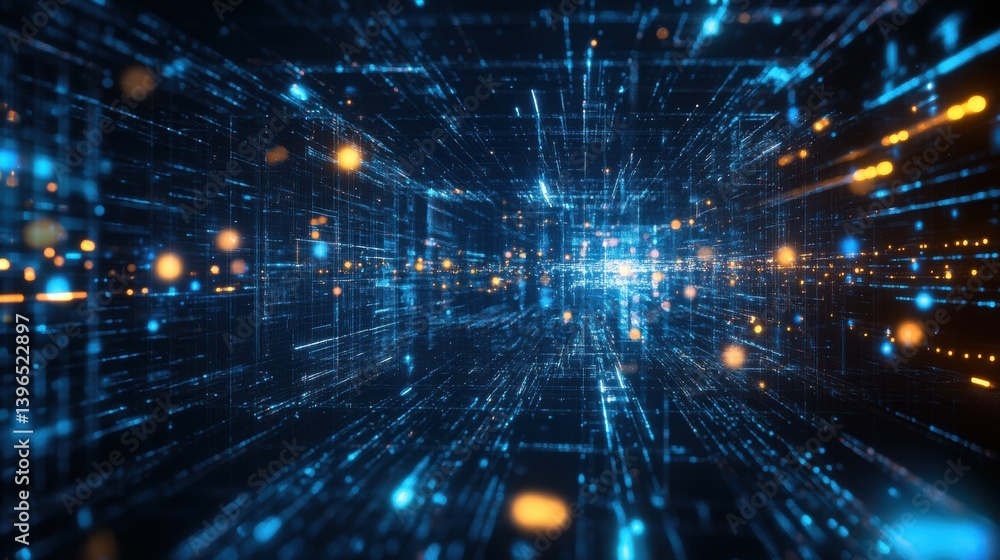 Poster a vibrant digital landscape filled with blue lines and glowing nodes, representing data flow and con