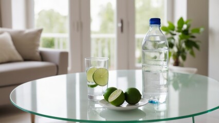Glass of lime water and bottle on glass table in bright living room
