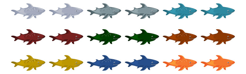 Vector ocean fish set of sharks in vibrant colors