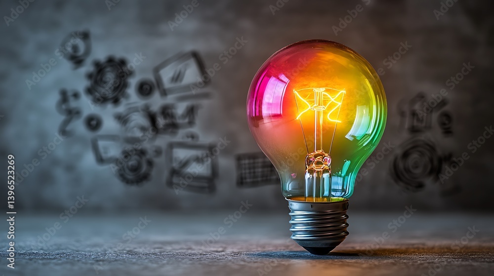 Poster illuminating ideas: a vibrant light bulb glows with a spectrum of colors against a textured backdrop