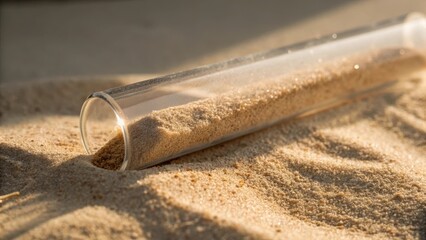 Test tube filled with sand resting on a sandy surface, illuminated by soft light.