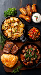 A vibrant spread of delicious food featuring roasted potatoes, chicken wings, savory meats, dipping sauce, and fresh herbs, creating an inviting dining experience.