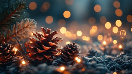 A serene winter scene featuring pine cones surrounded by soft lighting and glimmering bokeh, evoking a cozy holiday atmosphere.