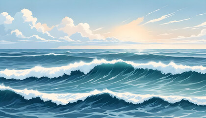 An elegant artwork of the ocean featuring waves under a beautiful blue sky with sunlight.