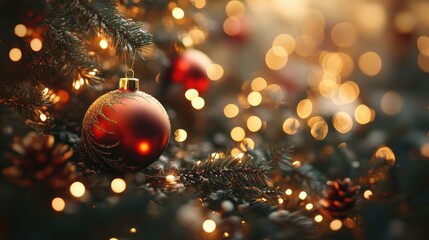 Fototapeta premium A festive close-up of a Christmas tree ornament among twinkling lights and pine cones, creating a warm holiday atmosphere.