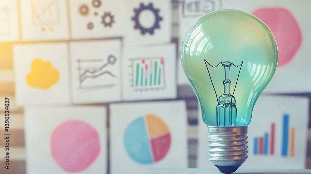 Poster bright idea: a close-up shot of a large, glowing light bulb illuminating a concept with charts and g
