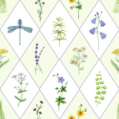 Summer mood wild flowers seamless pattern tile watercolor hand drawn vintage style illustration. Blue bell flower, lavender, chamomile, buttercup, fern leaves elements elegant floral pattern